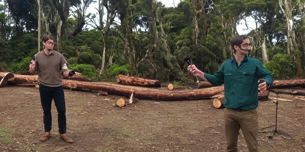 Image similar to bbc tv presenter louis theroux holding a microphone talking to kauri loggers at great barrier island, new zealand. enormous giant logs in background 1 9 2 0's