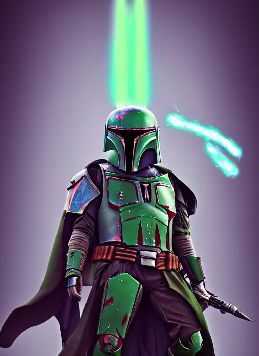 Prompt: arcane wizard x boba fett, fantasy inspired boba fett as a wizard in a scenic environment, 3 d digital art, character mashup, epic volumetric lighting, combination art, photorealistic, sharp focus, aesthetic, inspired by studio ghibli