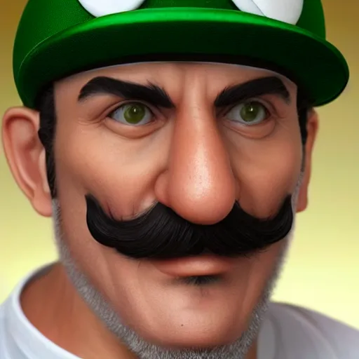 Image similar to Luigi in real life, realistic, very realistic, hyperrealistic, highly detailed, very detailed, extremely detailed, detailed, digital art, oil painting, trending on artstation, headshot and bodyshot, detailed face, very detailed face, extremely detailed face, HD Quality, 8k resolution