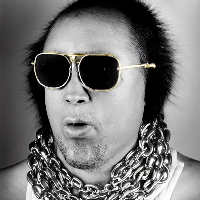 Prompt: a black and white studio portrait of a humanoid skunk wearing sunglasses and gold chains. Tri-X art photography.