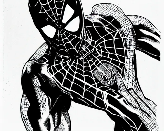 Image similar to photorealistic sketch of black spider - man with gold webbing by steve ditko