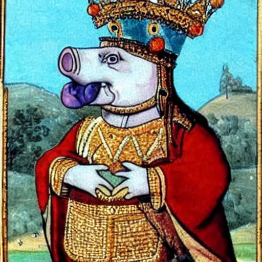 Prompt: pig depicted as a king wearing a crown