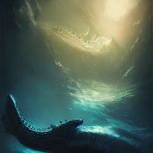 Image similar to Underwater Leviathan, bioluminescent, eerie, emotion, scenery, oil painting, Tooth Wu, Greg Rutkowski, RPG, dynamic lighting, fantasy art, high contrast, depth of field