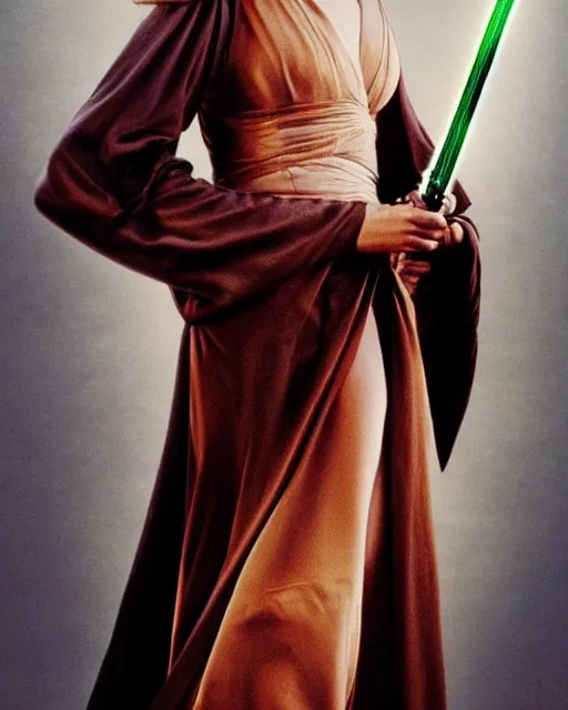 Image similar to julia roberts, dressed as jedi knight with a lightsaber, colorful, realistic, high resolution