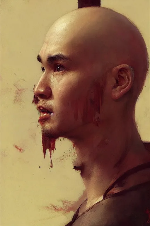 Image similar to beautiful cute bald kazakh guy with a short beard, painted by ruan jia, raymond swanland, lawrence alma tadema, zdzislaw beksinski, norman rockwell, jack kirby, tom lovell, alex malveda, greg staples