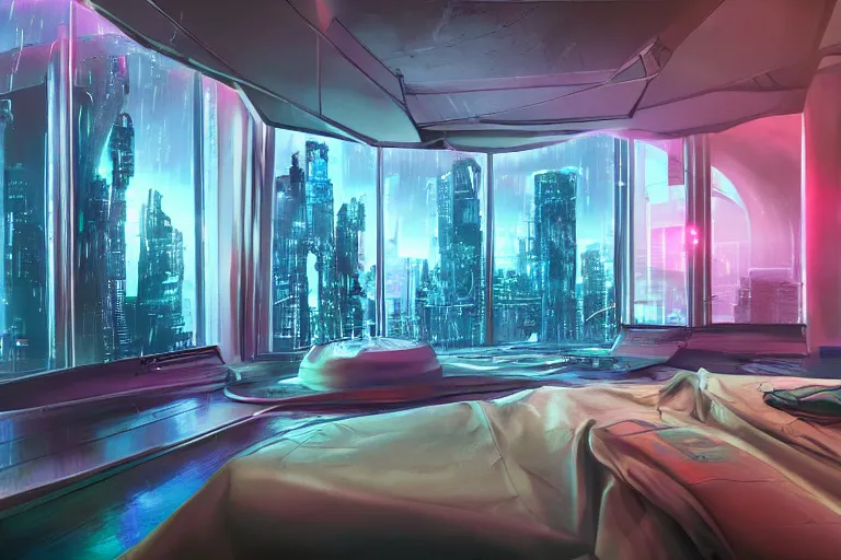 Image similar to a futuristic bedroom with large curved ceiling high windows looking out to a far future cyberpunk cityscape, cyberpunk neon lights, raining, scifi