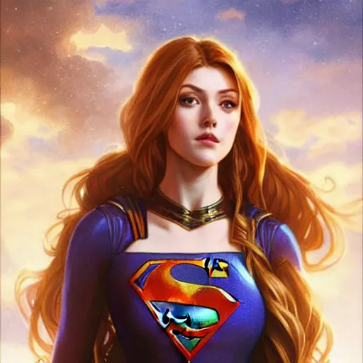 Image similar to Katherine McNamara as Super Girl, western, D&D, fantasy, intricate, elegant, highly detailed, digital painting, artstation, concept art, matte, sharp focus, illustration, art by Artgerm and Greg Rutkowski and Alphonse Mucha