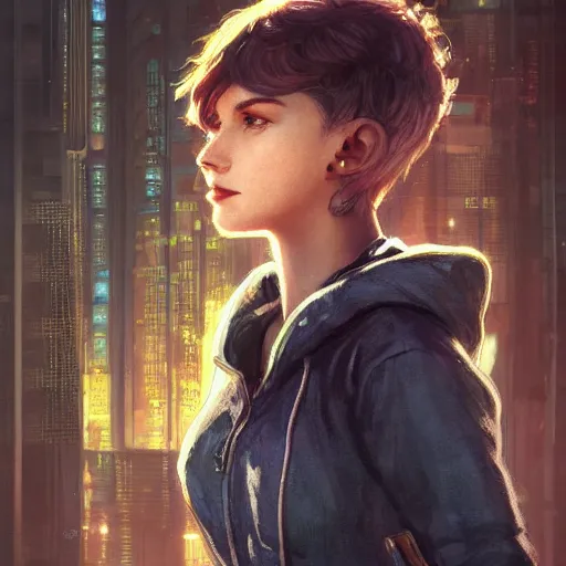 Image similar to character portrait of a 1950s girl in a hoodie, pixie cut, dystopian cyberpunk steampunk soviet mood, intricate, wild, highly detailed, digital painting, artstation, upper body, concept art, smooth, sharp focus, illustration, art by artgerm and greg rutkowski and alphonse mucha