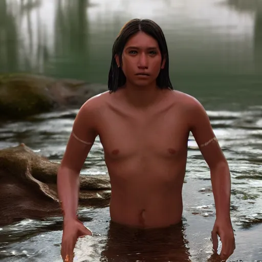 Image similar to hyperrealistic film full body still of young native american bathing in river, inspired by istvan sandorfi & greg rutkowski & unreal engine, perfect facial symmetry, dim volumetric cinematic lighting, 8 k octane comprehensive render, extremely hyper - detailed, incredibly lifelike attributes, intricate, real flesh texture, masterpiece, artstation, stunning,