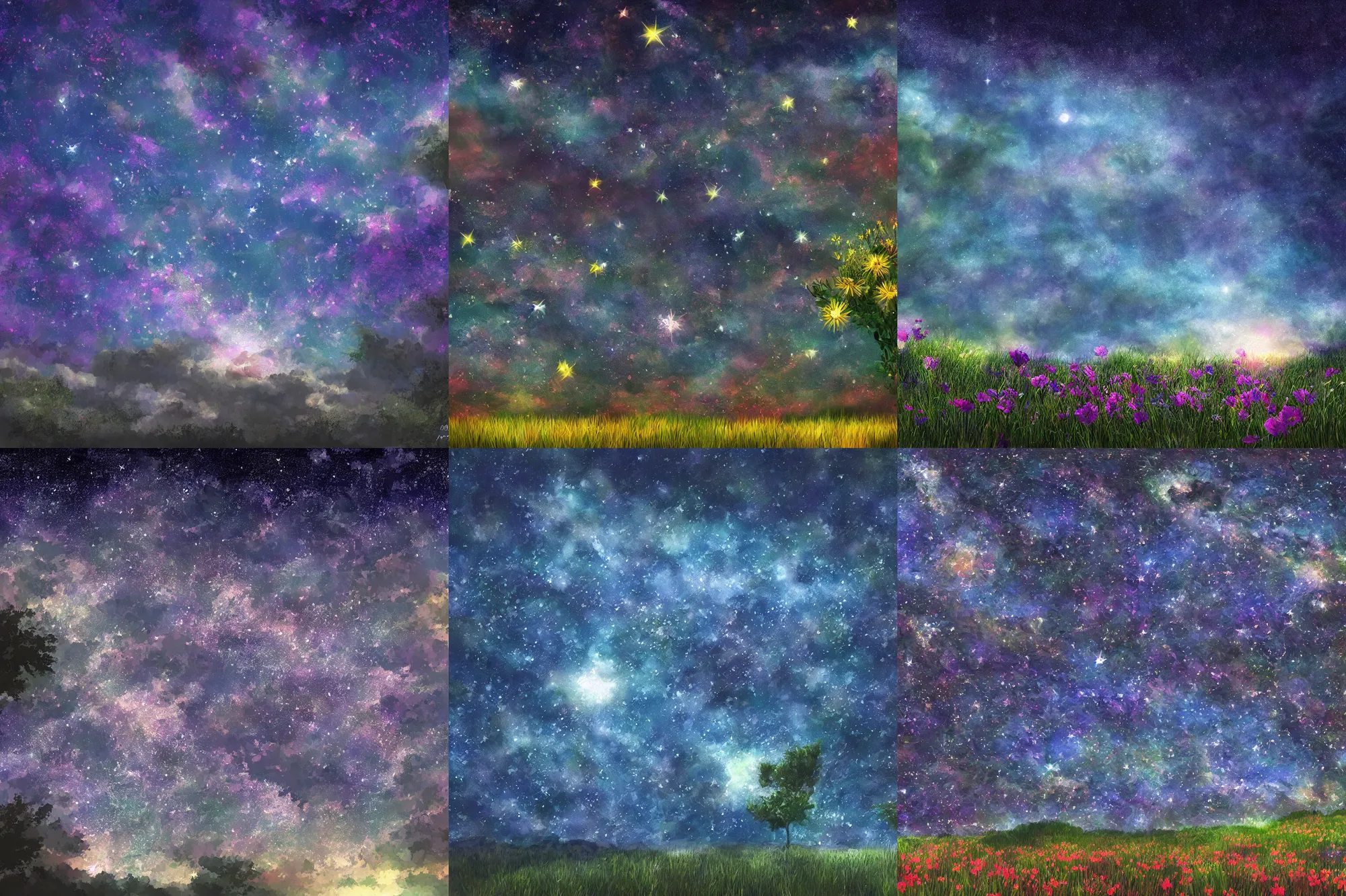 Prompt: Landscape with a starry sky, flower in the stars, realistic digital art, 4K