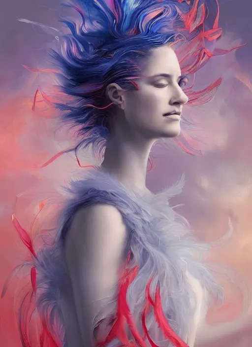 Image similar to a painting of a woman who made of curly and transparent feathers and cloud with red edges is holding a sword, a digital painting by charlie bowater, made of many translucent layers of blue feathers and cloud, metaphysical painting, speedpainting, digital painting, holographic undertones, highly saturated colors, 4 k, glossy eyes, concept art, trending on artstation