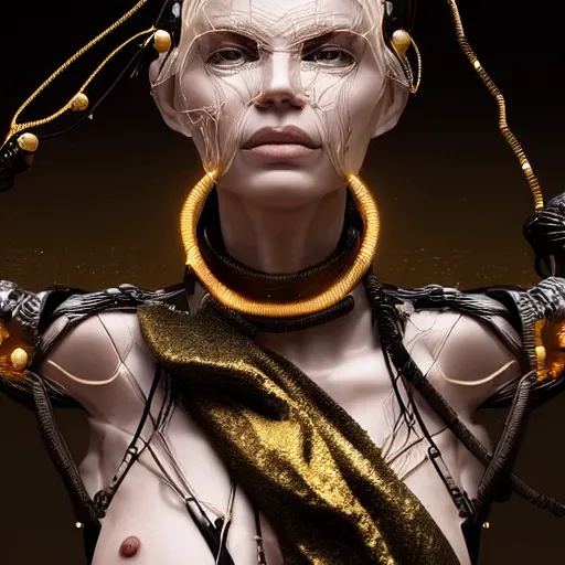 Prompt: portrait of an evil beautiful woman, marble skin, black and gold wires, high - tech, cyberpunk, by kim jung gi, irakli nadar, intricate linework, bright colors, octane render,