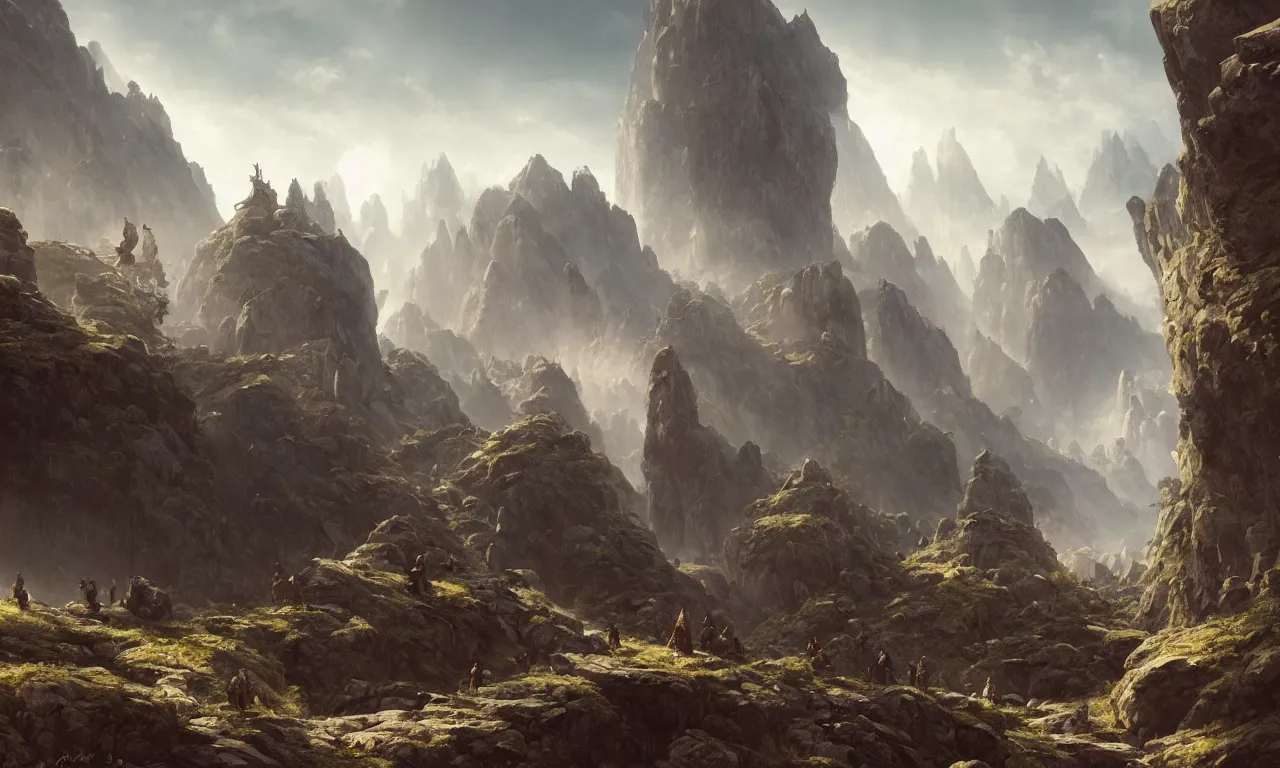 Image similar to stone giants lumbering in the forbidden mountains. greg rutkowski, andreas achenbach, artgerm, mikko lagerstedt, zack snyder, tokujin yoshioka