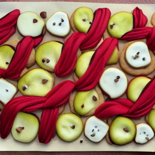 Prompt: cookies intertwined with apples, explosion, extreme intensity, fantastic landscape