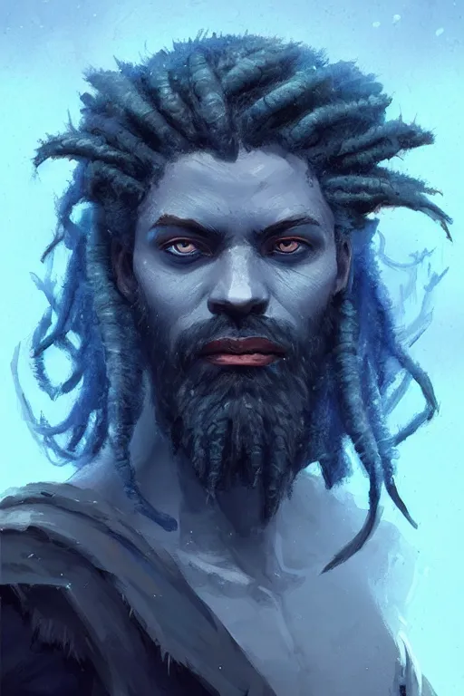 Image similar to portrait of a blue skin genasi with a square jaw from d & d by greg rutkowski, blue skin, black dreadlocks and small beard, tempest priest, runic rings, d & d character, blue, black background, highly detailed portrait, digital painting, artstation, concept art, smooth, sharp foccus ilustration, artstation hq