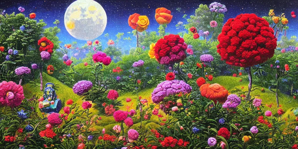 Image similar to a flowering garden on the moon, 👽🤖, impasto paint in the style of martin johnson heade and mark ryden,