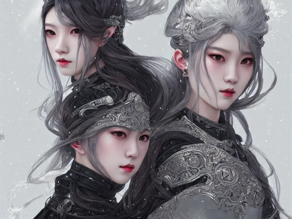 Image similar to portrait jisoo blackpink, grey hair armored samurai clothes, in snowy torii black magic night, ssci - fi and fantasy, intricate and very very beautiful and elegant, digital painting, artstation, concept art, smooth, illustration, art by tian zi and wlop and alphonse mucha