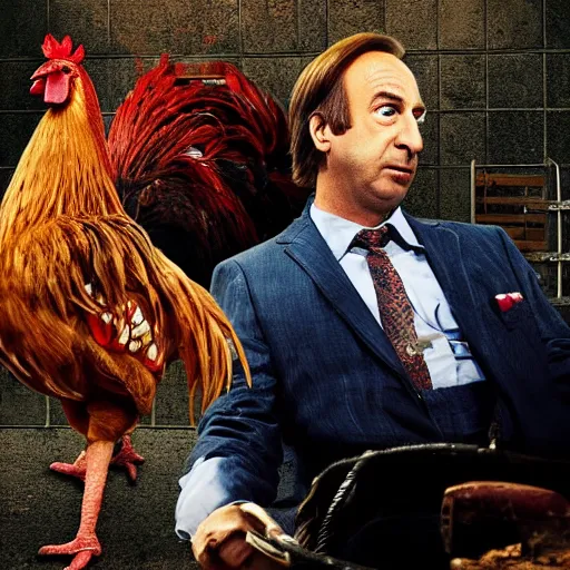 Image similar to saul goodman and a rooster in a saw movie torture chamber, horror movie background, saul goodman, rooster, photo