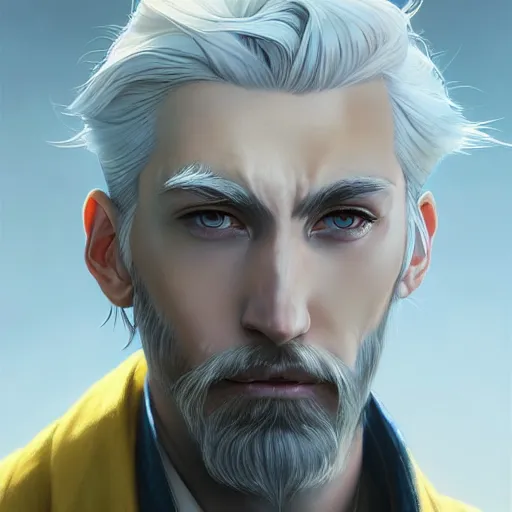 Prompt: portrait of a man with stylish white hair,an unusual beard and yellow eyes,character design by charlie bowater, ross tran, artgerm, and makoto shinkai, detailed, inked, western comic book art, 2021 award winning painting,digital art,art by greg rutkowski,photorealistic,highly detailed,hyperdetailed,hyperrealistoc,detailed face,surreal,fantasy,real life,cg society