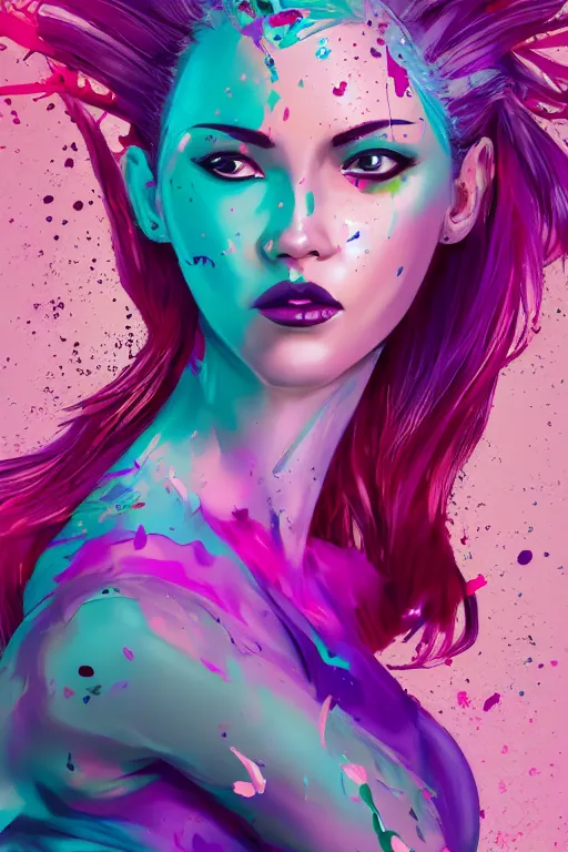 Image similar to a award winning half body portrait of a beautiful woman in a croptop and cargo pants with ombre purple pink teal hairstyle with head in motion and hair flying by artgerm, paint splashes, splatter, outrun, vaporware, shaded flat illustration, digital art, trending on artstation, highly detailed, fine detail, intricate