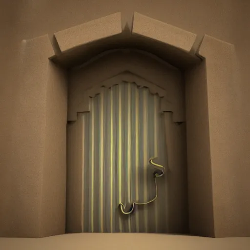 Image similar to photography, 3 d render, monster, door, sand