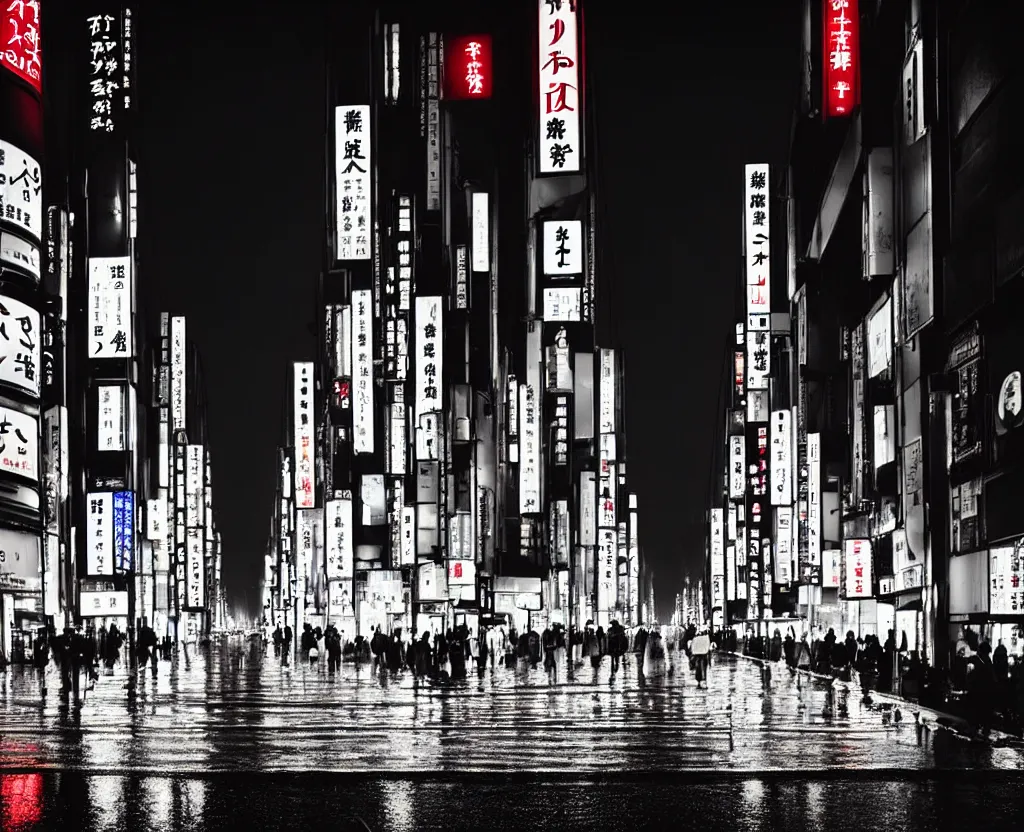 Image similar to beautiful!!! overwhelming!!!!! studio photograph of japan at night, raining, long reflective street, beautiful tall luxurious neon buildings with advertisements, cars and crowd, traffic lights, dense intense atmosphere!!! stunning composition, moon rays, beautiful calming atmosphere, studio level quality, photography, hyperdetailed