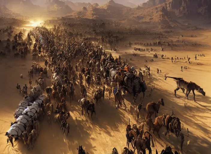 Image similar to overhead view of a the big large expedition with a very crowd of adventurers being brought by gigantic mammals carrying stuff towards the desert of duhnes medium shot, key art by craig mullins, bloom, dramatic lighting, cinematic, high details