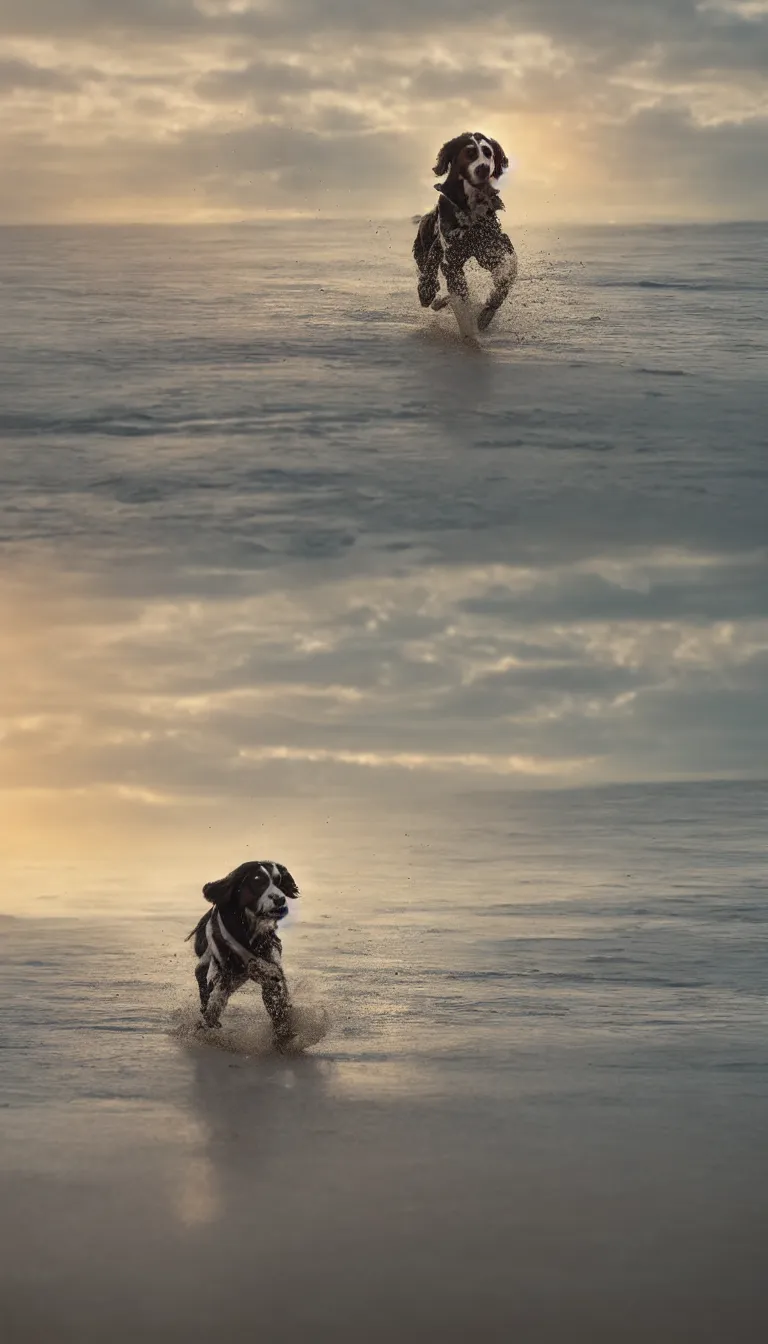 Prompt: a springer spaniel dog running along a beach, beautiful sunny morning, cinematic lighting, sunrise, octane render, photorealistic, fuji velvia, 35mm focal length, trending on artstation