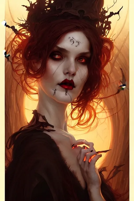 Prompt: halloween witch woman, fantasy magic, undercut hairstyle, intricate, elegant, sharp focus, illustration, highly detailed, digital painting, concept art, matte, art by wlop and artgerm and greg rutkowski and alphonse mucha, masterpiece