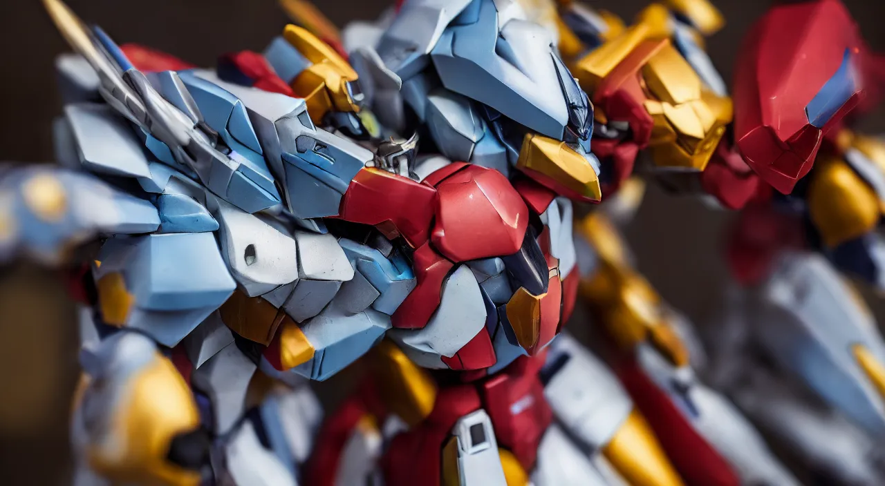 Image similar to medium close up view, Gundam,Guyver,colourful,bokeh,blur,cinematic lighting