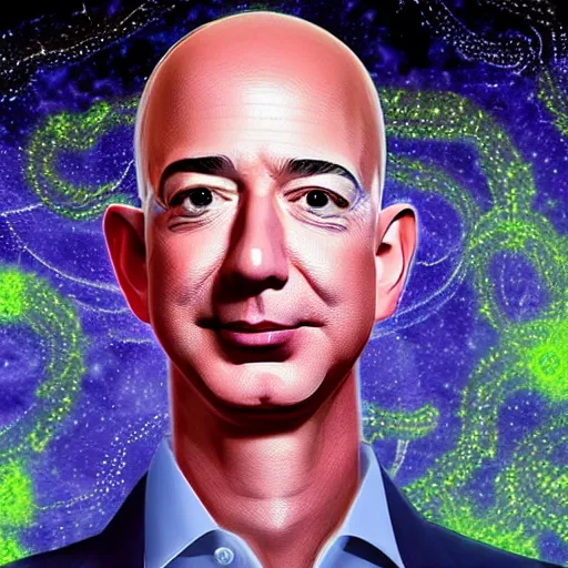 Image similar to Jeff Bezos as a terrifying cosmic horror with a thousand tentacles coming from his eyes and cracks in his head with a cosmic background. Epic digital art, extremely detailed, terrifying