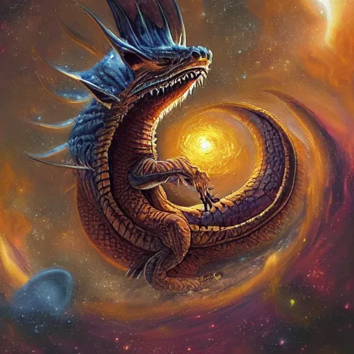 Image similar to A beautiful illustration of a dragon in space by Justin Gerard. The dragon is in the foreground with its mouth open, revealing rows of sharp teeth. Its body is coiled and ready to strike, and its tail is wrapped around a star in the background. The colors are bright and the background is full of stars and galaxies. The overall effect is one of chaotic energy and movement. metaphysical painting by Pete Turner realistic, ornate