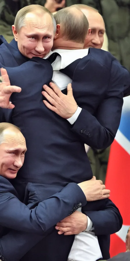 Image similar to Vladimir Putin gives Volodymyr Zelenskyy a great big hug