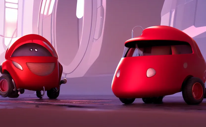 Prompt: a small red futuristic vehicle near a humanoid rat, hyperrealistic, disney and pixar style, concept art, octane render, unreal engine 5, concept art, trending on artstation, cinematic, high coherence, highly detailed, high quality, 8 k, soft lighting, path traced