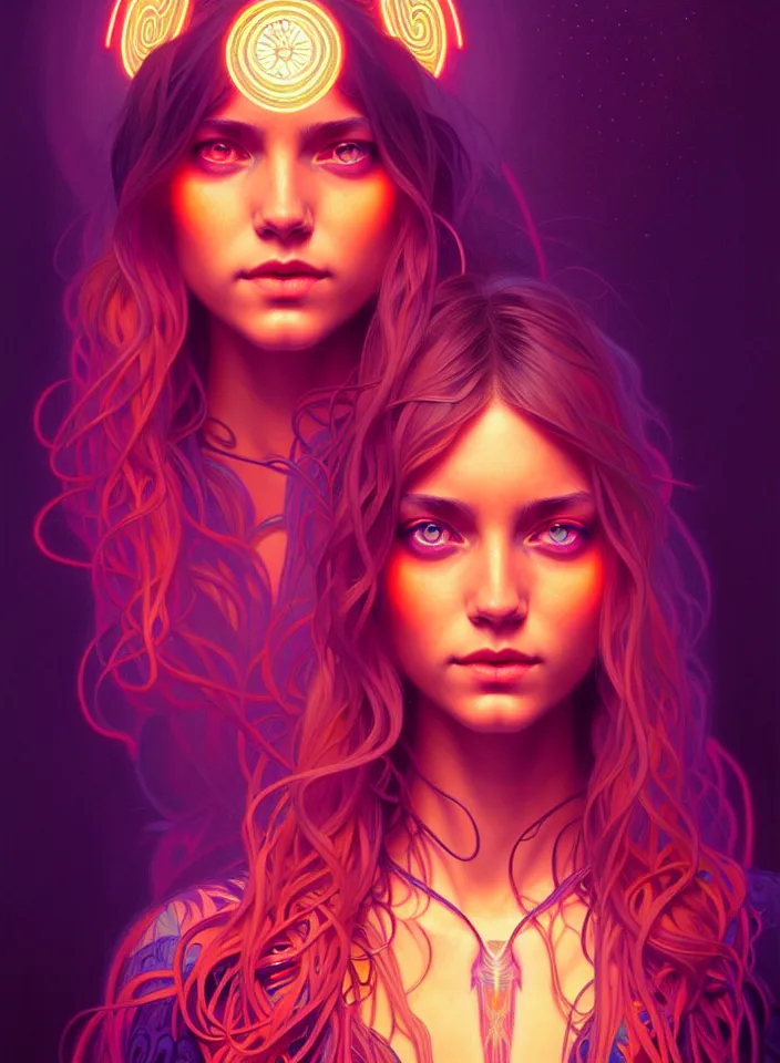 Image similar to symmetry!! portrait of a hippie girl, neon glowing eyes!! ambient, intricate, elegant, highly detailed, digital painting, artstation, symmetric concept art, smooth, sharp focus, illustration, art by artgerm and greg rutkowski and alphonse mucha, 8 k