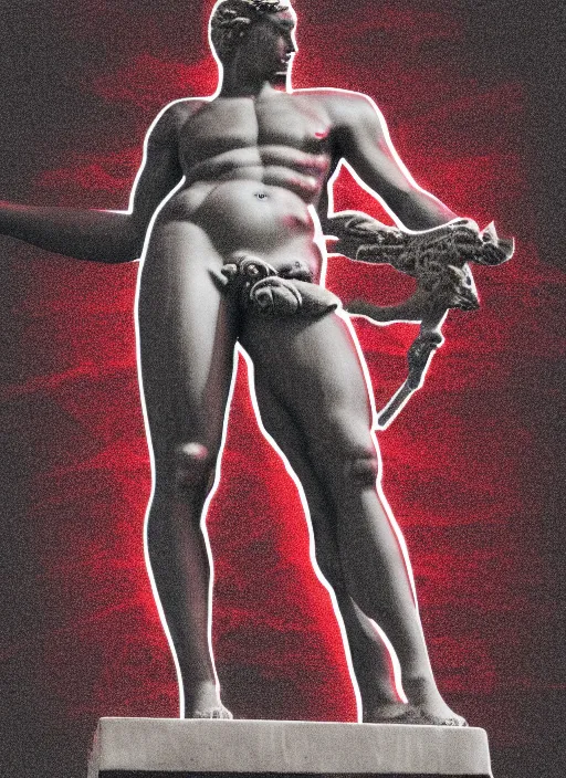 Image similar to black background, grey greco roman statue, thin red lines, gritty, dark, thin lines, vaporwave