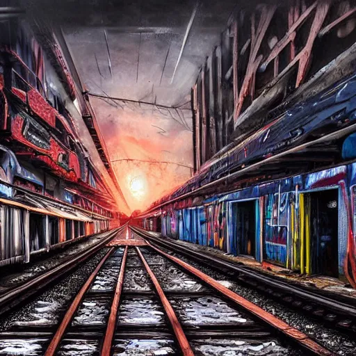 Image similar to a punk painting graffitis on a train wagon full of graffitis in an abandoned train yard at sunset, cyberpunk city, melancholic atmosphere, matte painting, revok, jonone, epic masterpiece, romanticism, cope 2, digital art, ultra detailed, trending on artstation, marc simonetti,