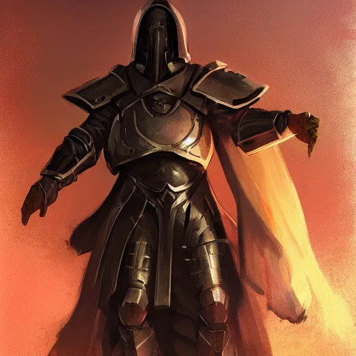 Prompt: armored priest with dark armor and a full helmet, by greg rutkowski, in the style of magic the gathering