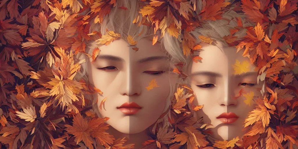 Image similar to breathtaking detailed concept art painting art deco pattern of blonde goddesses faces blend with autumn leaves, by hsiao - ron cheng, bizarre compositions, exquisite detail, extremely moody lighting, 8 k