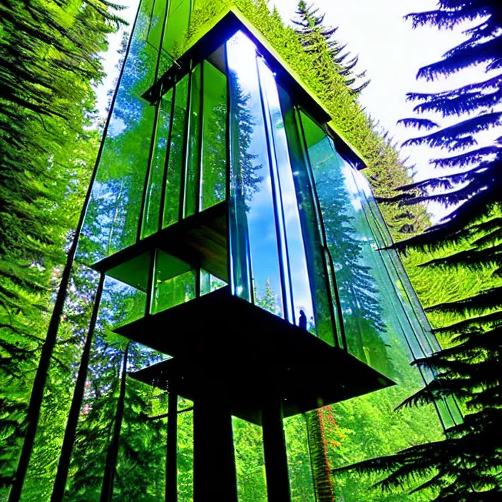 Prompt: glass skyscraper treehouse falling water at vanvcouver,british columbia,canada