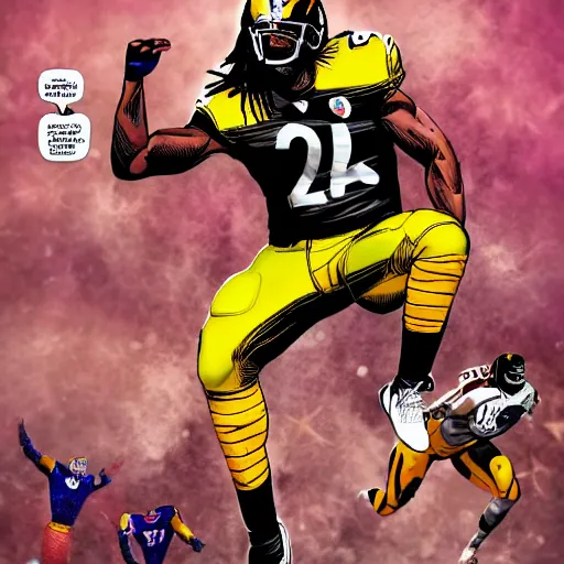 Image similar to detailed najee harris jumping over defender, steelers uniform, in the style of a marvel comic book, realistic, trending on artstation