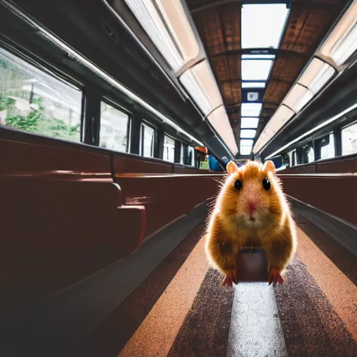 Image similar to photo of a train interior, a brown hamster is sitting on a seat in a train, various poses, unedited, soft light, sharp focus, 8 k