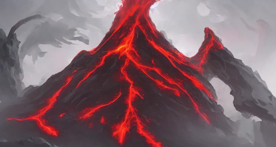 Image similar to a volcano made of ivory vines and crimson rocks enters in eruption, it spits a smoke in the shape of demonic eye, by League of Legends concept artists