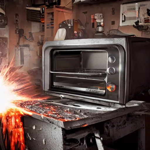 Image similar to cyborg toaster oven repairman, dark messy smoke - filled cluttered workshop, dark, dramatic lighting, orange tint, sparks, plasma rays, cinematic, highly detailed, sci - fi, futuristic, movie still, rule of thirds composition