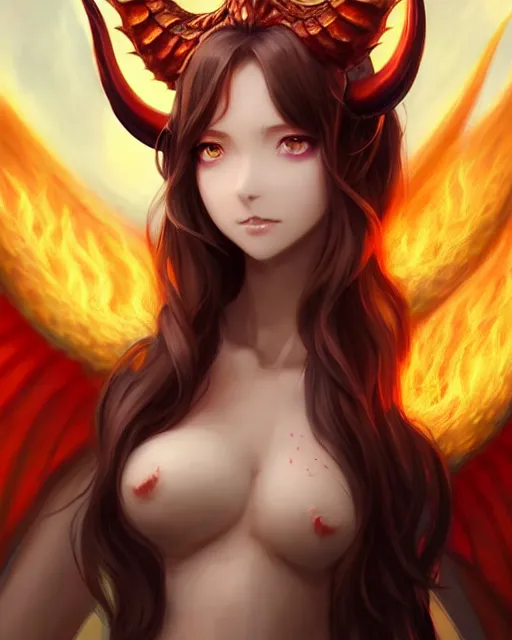 Image similar to character concept art of a woman with fire dragon horns and wings | | very anime, dragon scales, cute - fine - face, pretty face, realistic shaded perfect face, fine details by stanley artgerm lau, wlop, rossdraws, james jean, andrei riabovitchev, marc simonetti, and sakimichan, trending on artstation