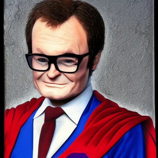 Image similar to portrait of charles nelson reilly dressed as superman, paint on black velvet, realistic, detailed