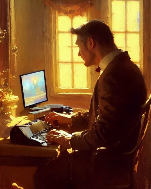 Image similar to attractive 4 5 year old man typing away at his desktop computer, watching the screen gleefully, golden hour painting by gaston bussiere, craig mullins, j. c. leyendecker