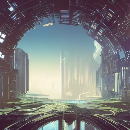 Image similar to overgrown futuristic cityscape located under a bridgeway, world seen only through a portal, daylight, cinematic perspective, cinematic lighting, blue sky, syd mead, john harris, symmetrical