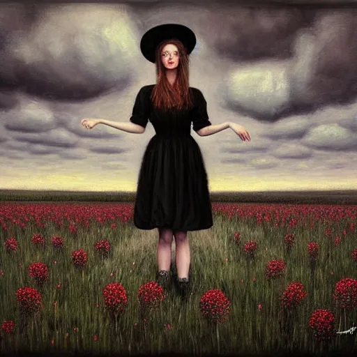 Prompt: a girl standing in a field, wearing black old dress and hat, by andrea kowch, andrea kowch style painting, dark, scene, magicrealism, flowers in background,