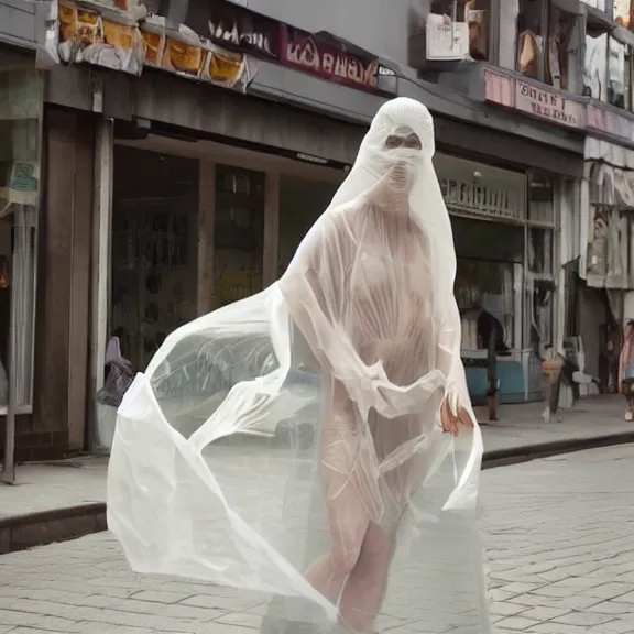 Image similar to woman in a translucent clothing made from plastic bag with paper bags for clothes standing inside paper bags with paper bag over the head on a busy street, 4k, trending on artstation, octane render, art by artgerm and greg rutkowski and alphonse mucha and craig mullins and James Jean and Andrei Riabovitchev and Marc Simonetti and peter mohrbacher